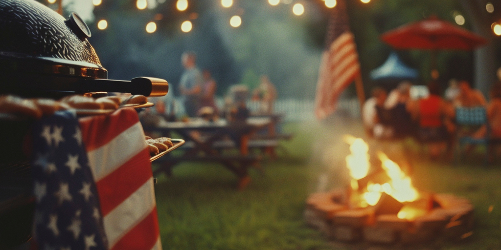 Outdoor gathering with a grill, American flag, and bonfire in a backyard setting.